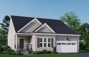 Rendering of the Juniper 3 bedroom, 2.5 bath B Elevation with stone accent masonry by Boyd Homes